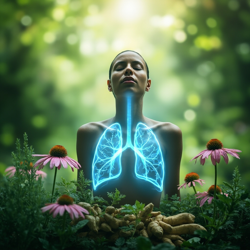 Serene person in nature taking deep breath, glowing healthy lungs with soft blue energy waves, surrounded by thyme, echinacea, and ginger herbs, calming green tones.
