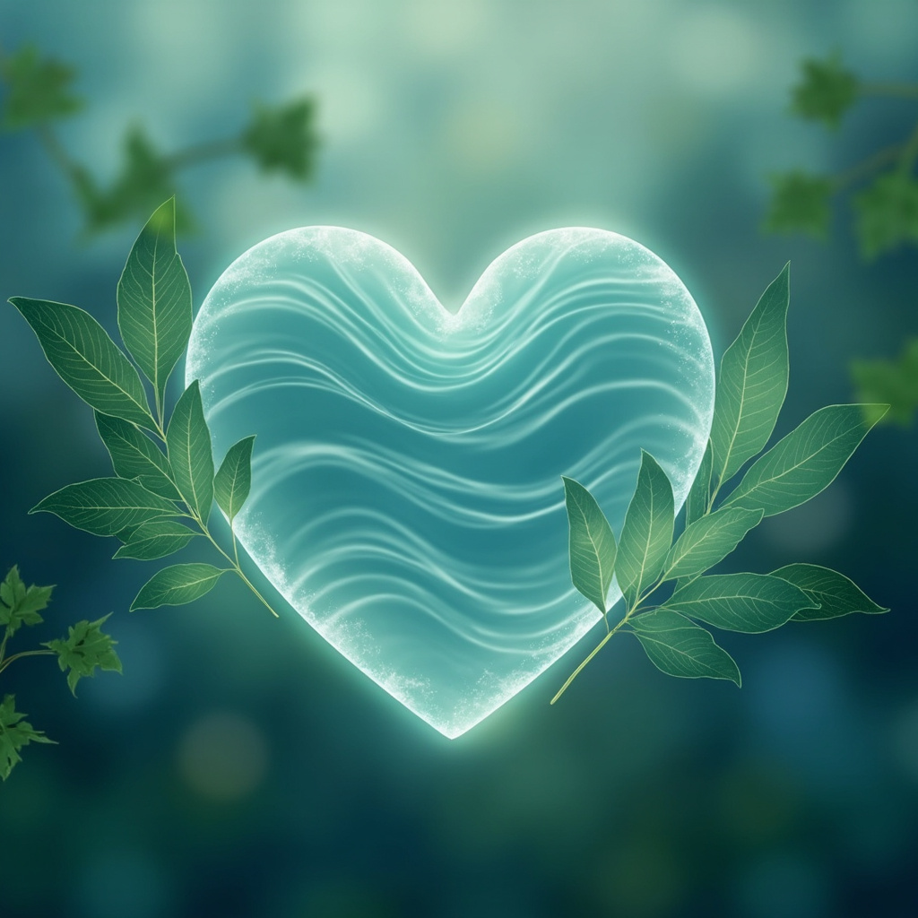 Serene heart icon with flowing wave patterns symbolizing high HRV and stress adaptation, surrounded by subtle herbs like ashwagandha leaves, soft blue-green tones for calm vitality.