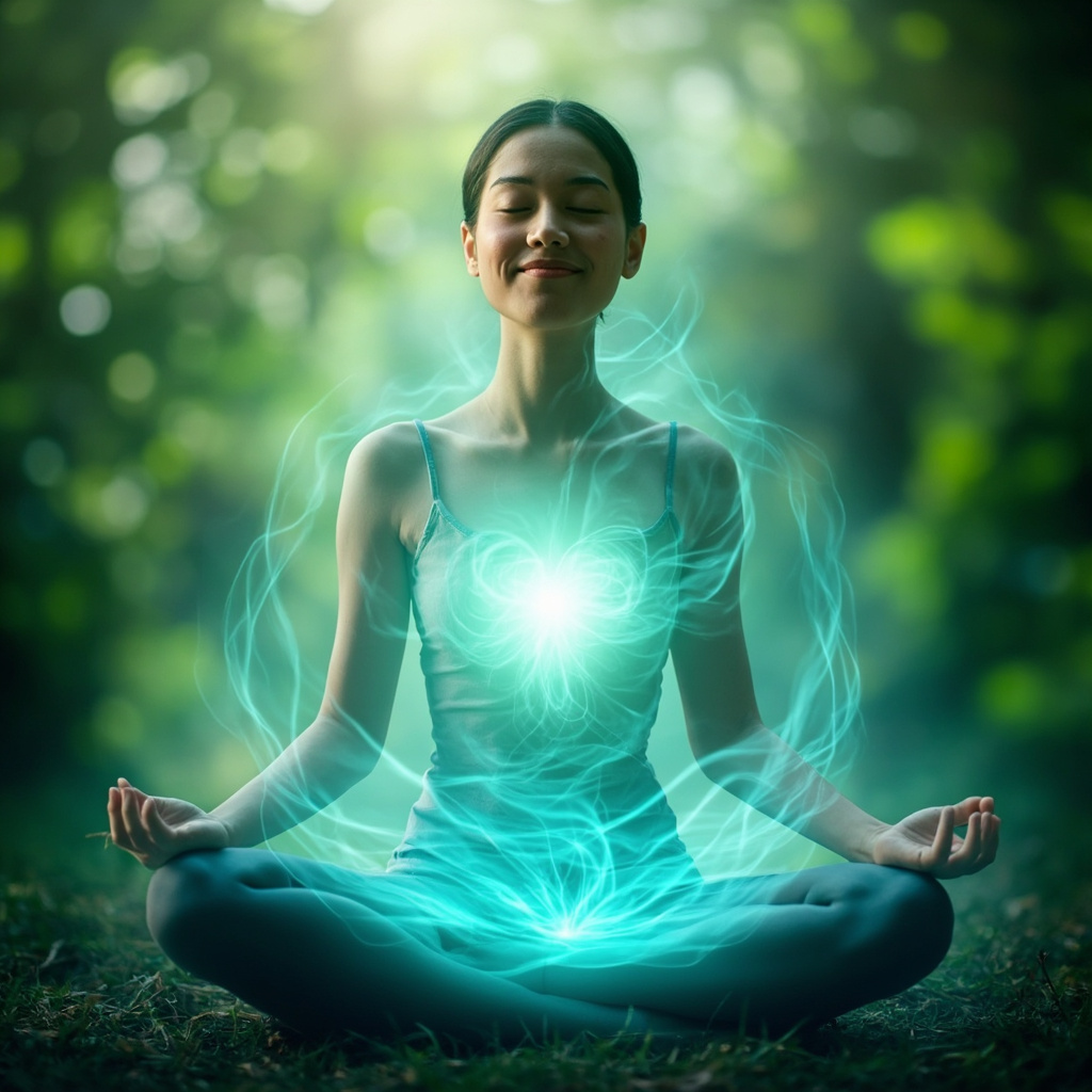 Serene person sitting calmly with soft glowing energy waves around heart, chest, and lower abdomen in calming blue-green tones, symbolizing balanced immunity and renewed vitality against a nature background.