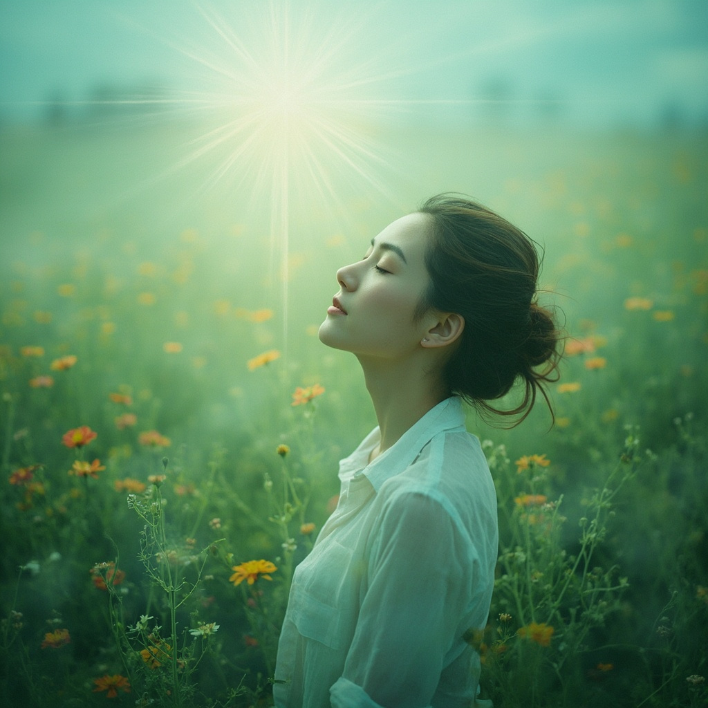 Serene person in blooming field, eyes closed breathing deeply, soft light filtering through pollen-free aura, green and blue tones symbolizing calm immunity.