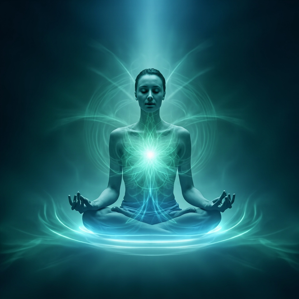 Serene person in lotus pose with glowing balanced energy waves emanating from heart and brain, soft blues and greens, symbolizing emotional harmony and healing frequencies.