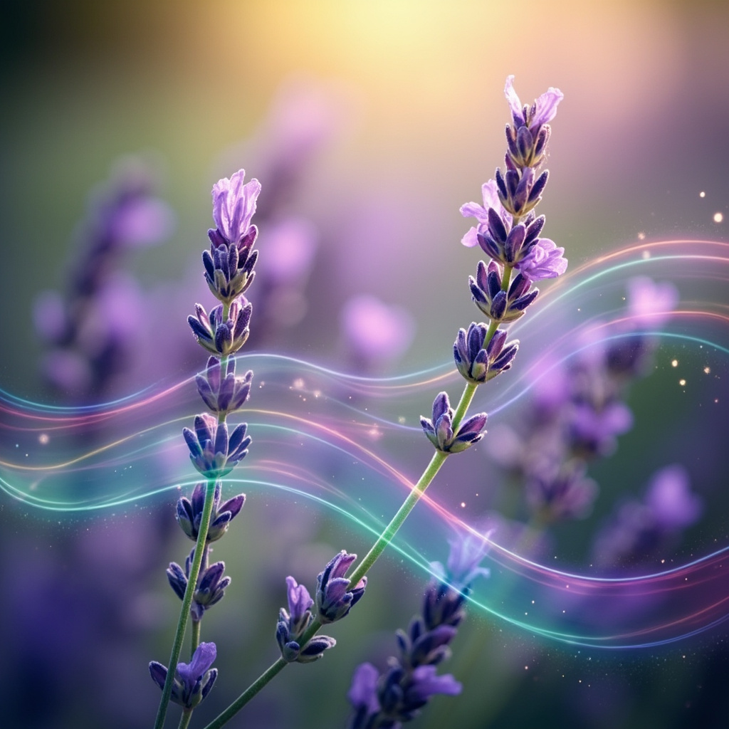 Serene blooming lavender plant in a soft light, with ethereal waves symbolizing energy balance and protection for lungs, skin, and urinary health against bacterial threats.