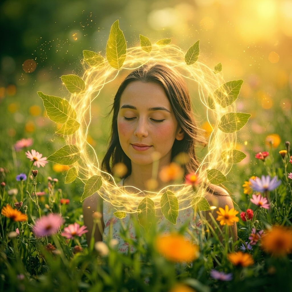 Vibrant digital art of a serene person in blooming spring field, golden energy waves and herbal leaves shielding against floating pollen particles, symbolizing strong seasonal immunity and natural healing.