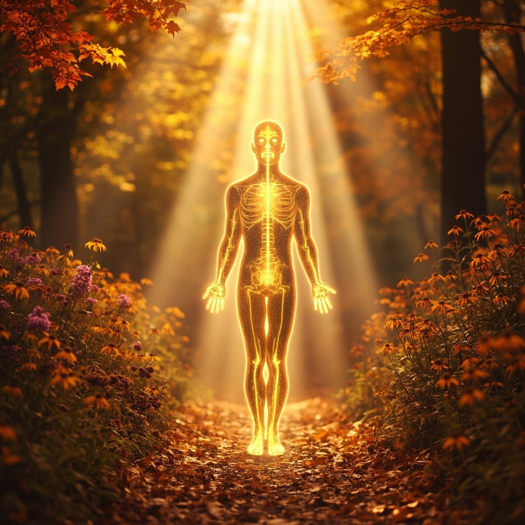 Serene autumn forest path with a person breathing deeply, glowing meridians along lower back, abdomen, chest, head, wrist; surrounded by elderberry bushes and echinacea flowers, soft light rays symbolizing energy boost.