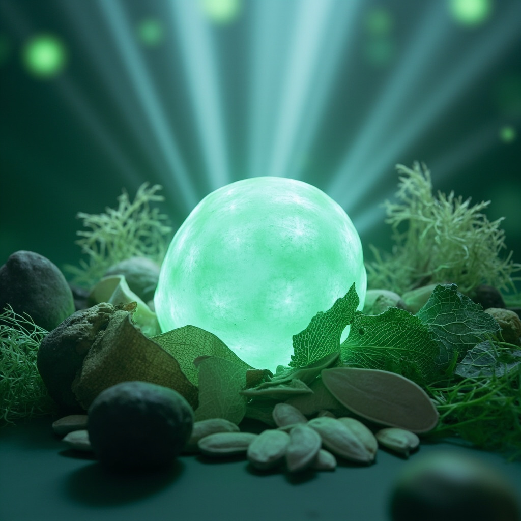 A glowing walnut-shaped prostate gland in soft blue and green tones, surrounded by healing herbs including saw palmetto berries, pygeum bark, stinging nettle leaves, and pumpkin seeds, with rays of light symbolizing vitality and balance.
