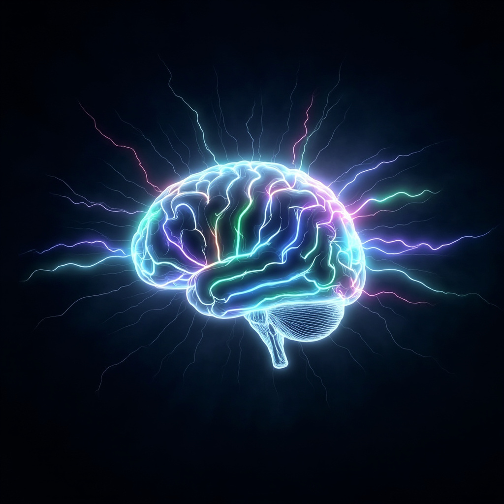 Serene human brain glowing with colorful gamma frequency waves and sound vibrations during a meditation session, symbolizing electrical balance and mental clarity