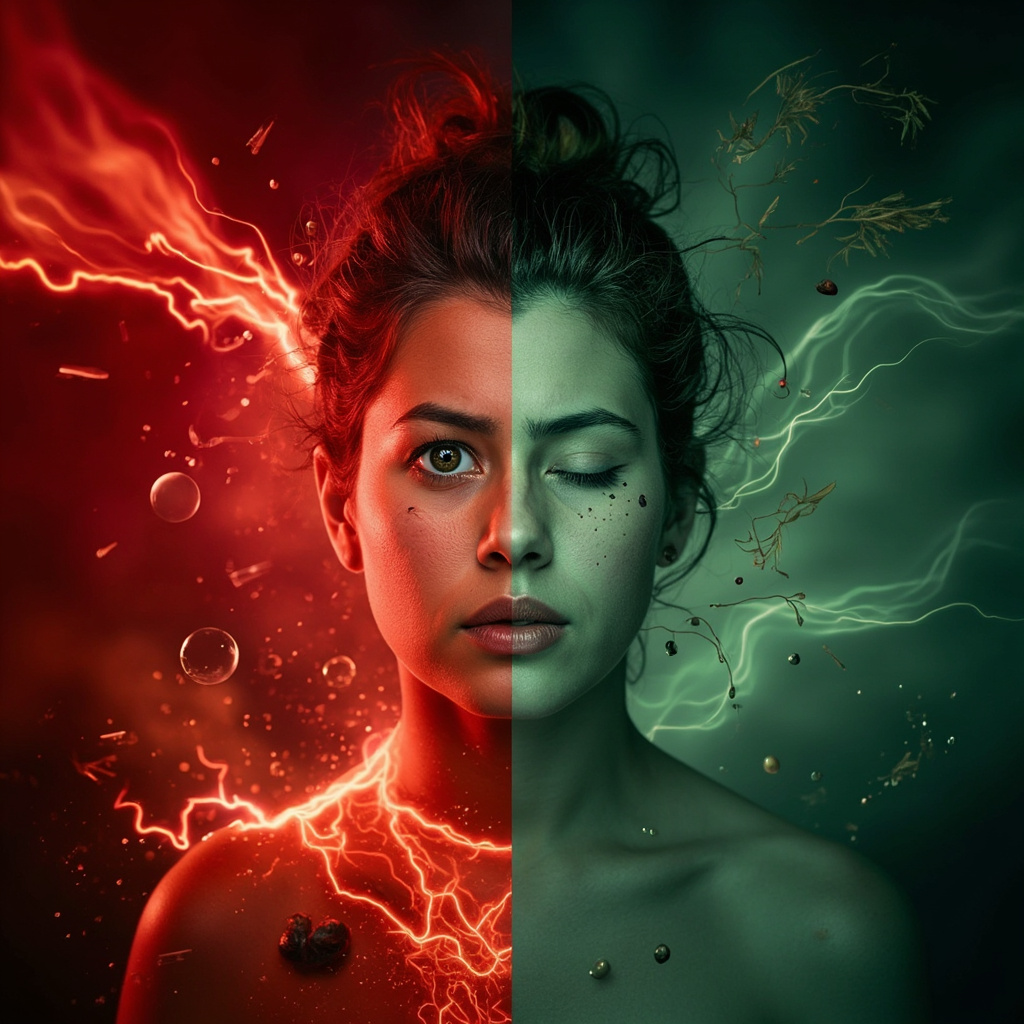 Split image: left chaotic red tones with stressed person heart racing fight-or-flight icons; right calm green tones relaxed person with herbs waves calming sympathetic nervous system.