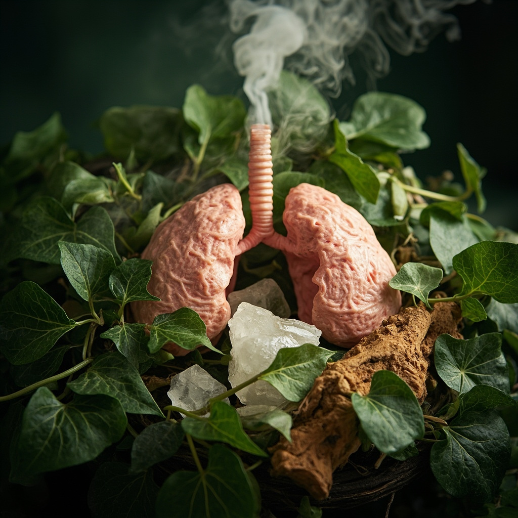 Vibrant green ivy leaves and traditional Chinese herbs like gypsum and licorice root surrounding a pair of healthy human lungs, with soft steam rising to symbolize clearing heat and relieving cough, in calming earth tones.