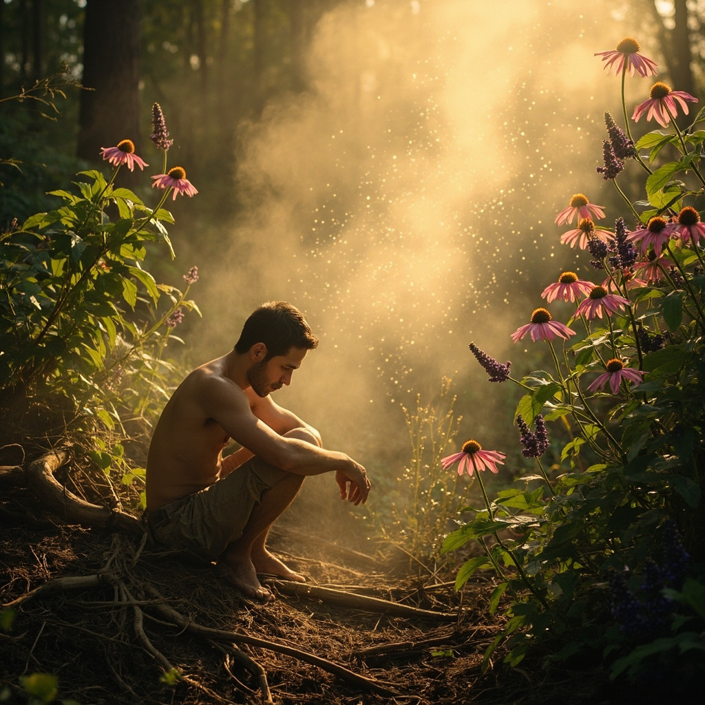 Serene nature scene with a tired person transforming into an energized figure, surrounded by ashwagandha roots, ginseng plants, elderberry clusters, and echinacea flowers glowing softly with healing light, symbolizing immune renewal and vitality.