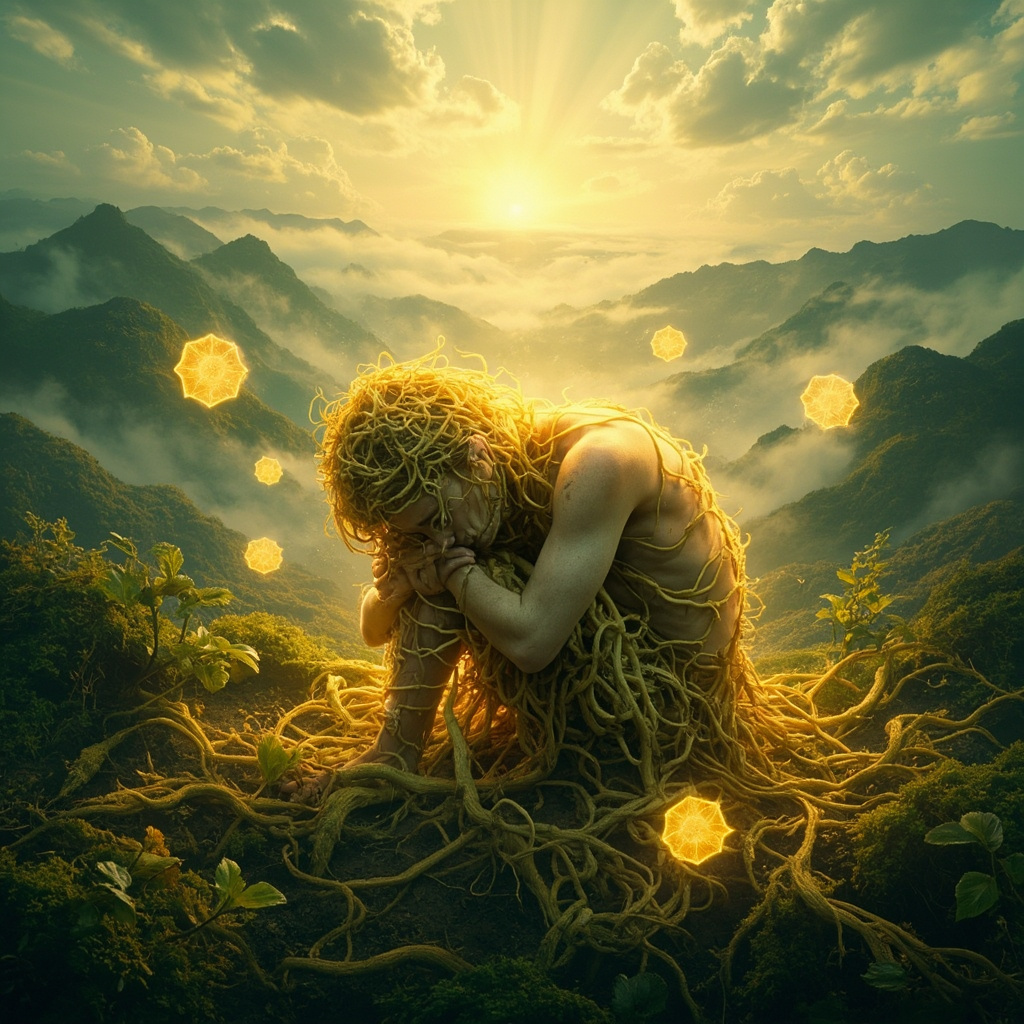 Vibrant digital art of a weary figure transforming into an energetic one, embraced by glowing astragalus roots, ginseng plants, and soft immune shield motifs, in earthy greens and warm golds, serene background of misty mountains.