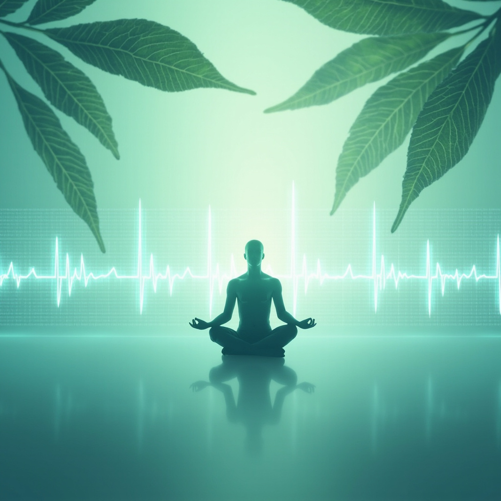 prompt: Serene heartbeat ECG graph transforming from jagged high-stress waves to smooth balanced HRV pattern, surrounded by calming herbs like ashwagandha leaves and a meditating figure, soft green-blue tones, professional medical illustration style