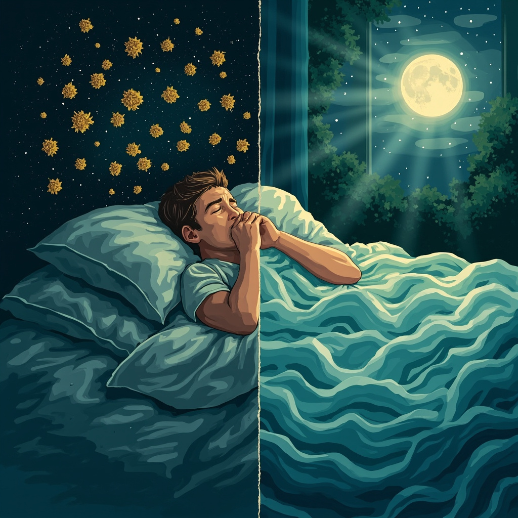 Illustration of a tired person in bed at night clutching a stuffy nose, with pollen particles and disrupted sleep waves, transitioning to calm breathing and restorative sleep under soft moonlight, in calming blues and greens.