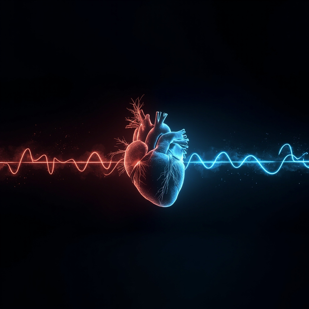 Serene human heart with glowing blue waves showing healthy variable beats transitioning from erratic red spikes of stress to smooth patterns, minimalist style, high resolution
