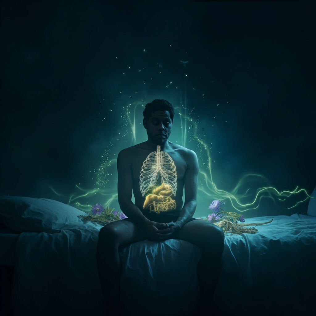A tired adult sitting on a bed in dim light, looking drained, with faint glowing points on chest, abdomen, and back representing lung, spleen, kidney areas; surrounded by soft herbal leaves like ginseng and echinacea; transitioning to vibrant energy aura with sound waves and gentle current lines, serene blue-green tones.