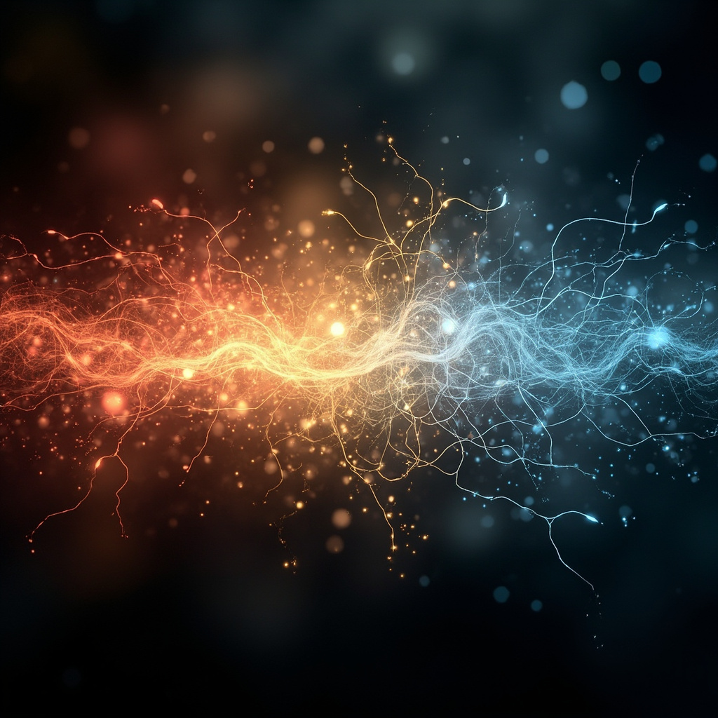 A serene, abstract visualization of glowing golden neural pathways calming down from a chaotic red state to a soft, balanced blue light.