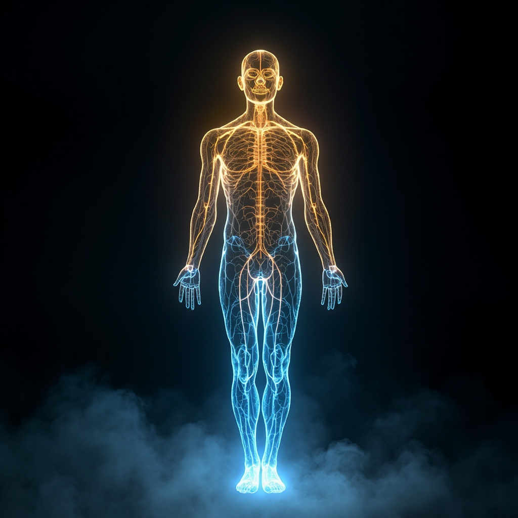 A serene, abstract visualization of glowing golden and blue light pathways flowing through a human silhouette, representing energy restoration and balance.