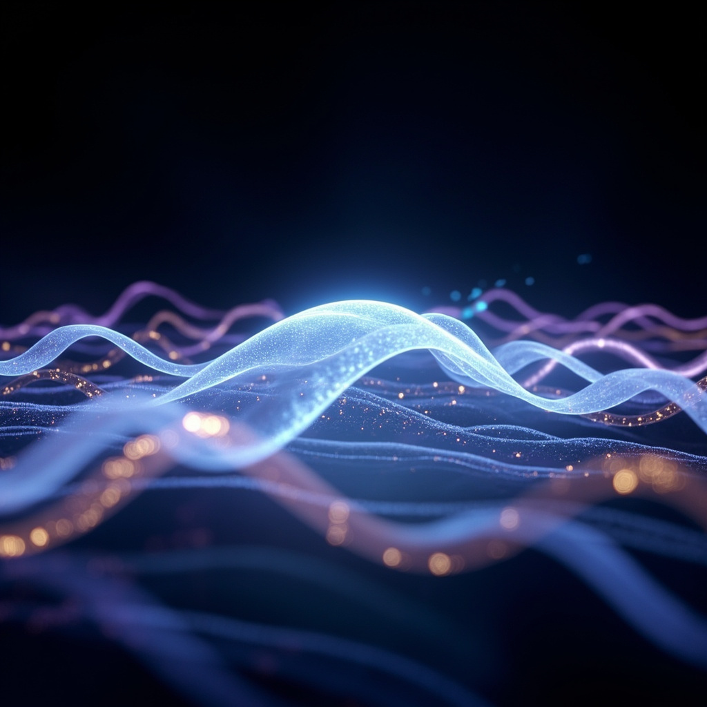 A serene, abstract visualization of a glowing brainstem bridge connected to rhythmic light waves, symbolizing harmony and electrical balance.