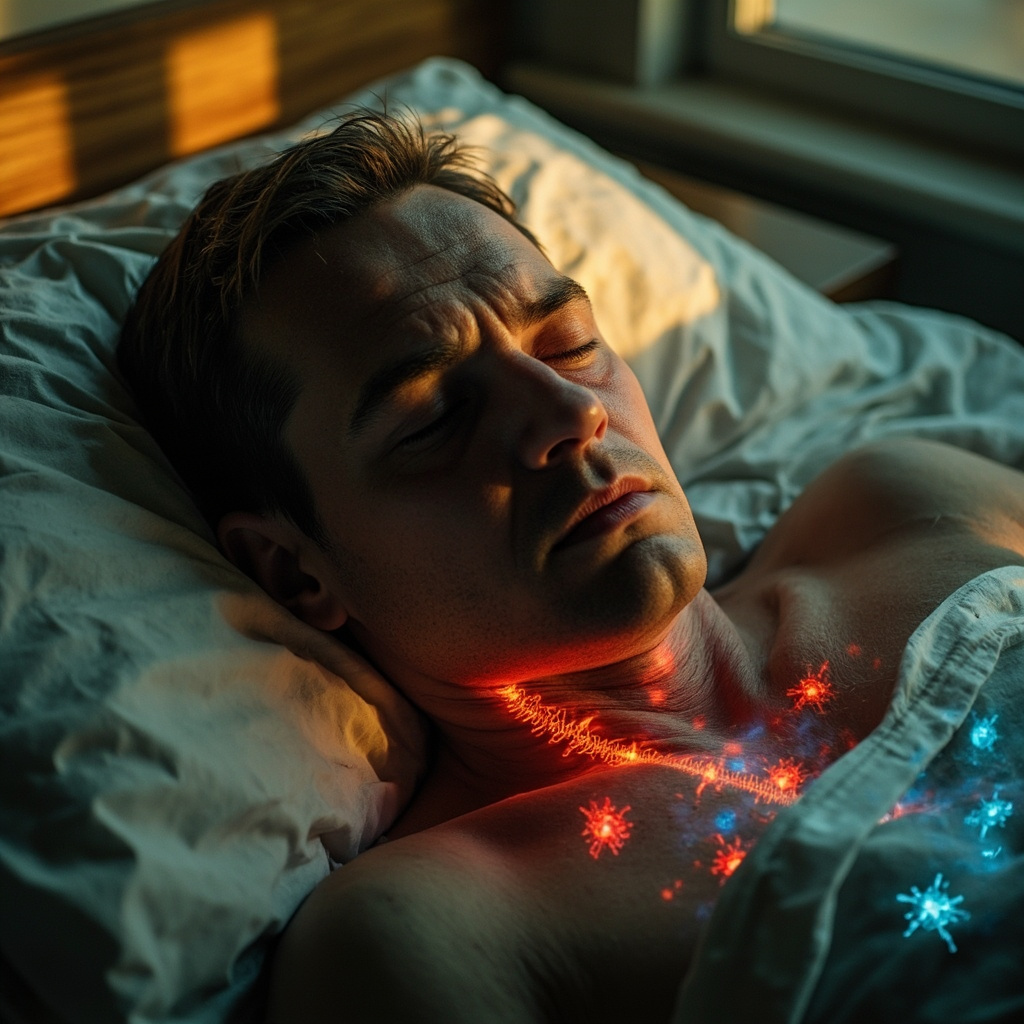 A weary adult waking up in bed, eyes heavy with fatigue, subtle glowing red virus particles along the spine and nerves, contrasted by calming blue frequency waves balancing the body, soft morning light, realistic style.
