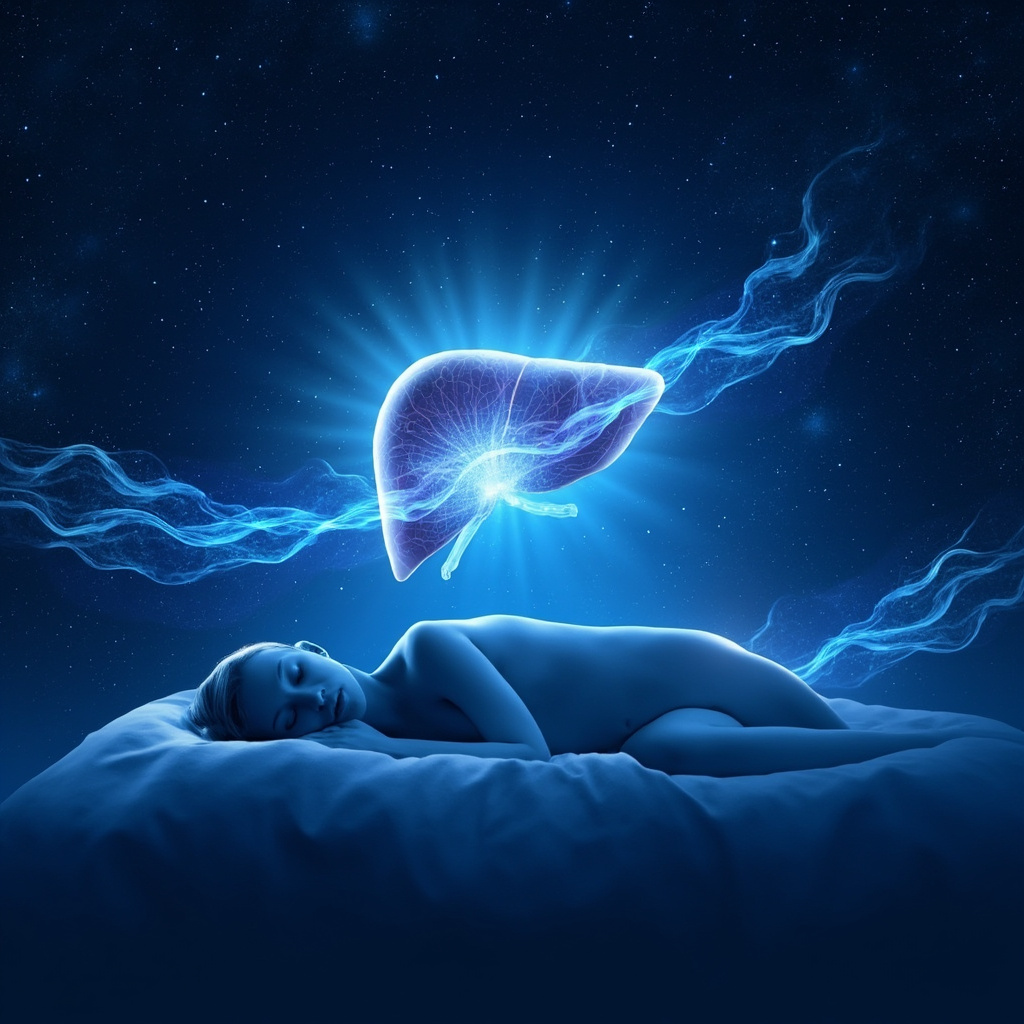 Serene anatomical illustration of a glowing human liver under a starry night sky, with soft waves of blue energy flowing to a peacefully sleeping silhouette, evoking detoxification and restorative sleep.