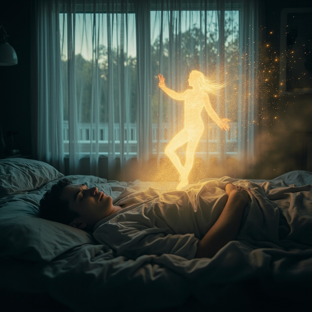 Person in bed at dawn, looking exhausted with dim faint aura around body indicating low vitality, contrasted by vibrant glowing figure rising energetically beside, serene bedroom, soft lighting.
