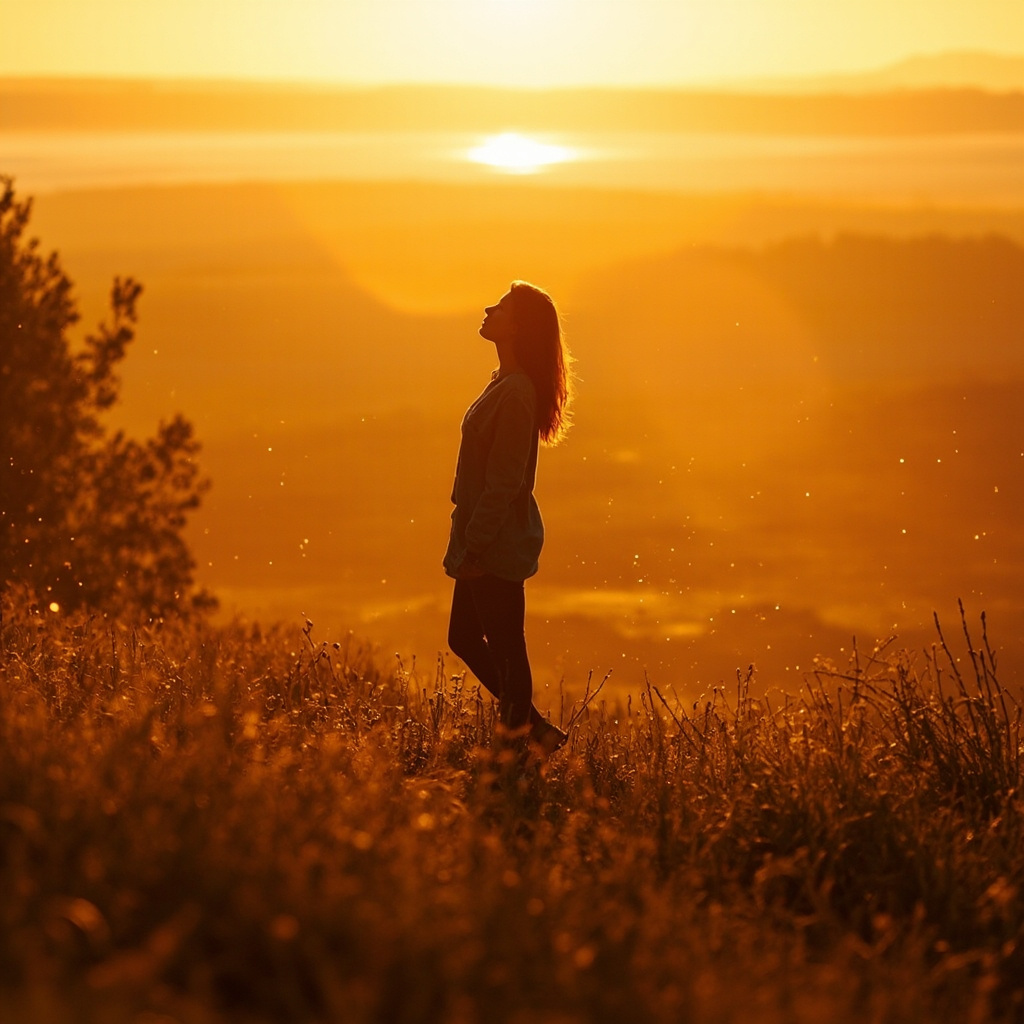 A high-quality, calming image of a person standing in a serene, natural landscape with soft, golden-hour light reflecting a sense of inner peace and equilibrium.