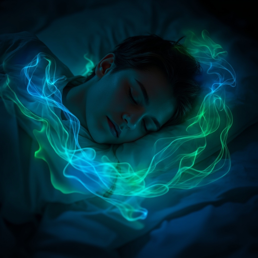 Serene night scene of a person asleep with soft glowing waves of balanced blue and green energy flowing harmoniously from heart and mind, evoking deep emotional calm and restorative sleep.