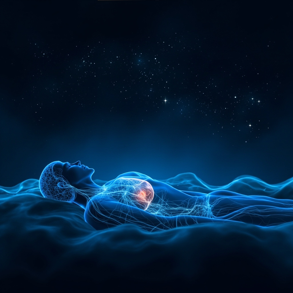 prompt: Calm human silhouette sleeping under starry night sky, with glowing neural pathways from brainstem to heart and blood vessels illustrating sympathetic blood pressure regulation, soft blue waves for HRV and circadian rhythm, serene and scientific style