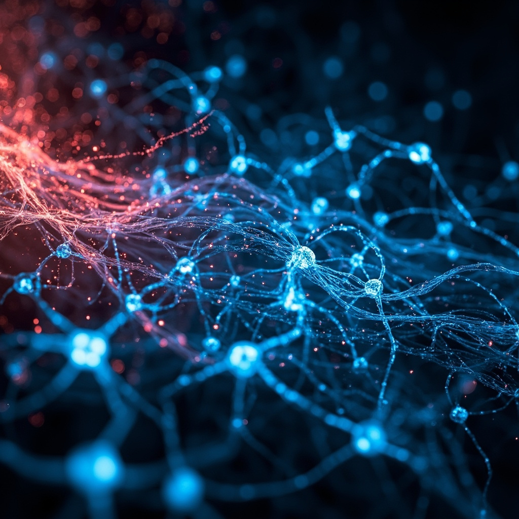 Scientific illustration of glowing blue neurons forming neural networks in a brain during deep sleep, with red stress waves approaching from one side, calming dark background