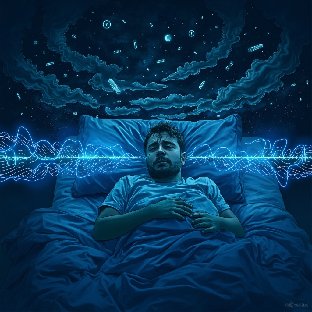 Illustration of a worried person in bed at night with swirling thought clouds of medical icons, contrasted by calming blue frequency waves balancing the mind and body for peaceful sleep.