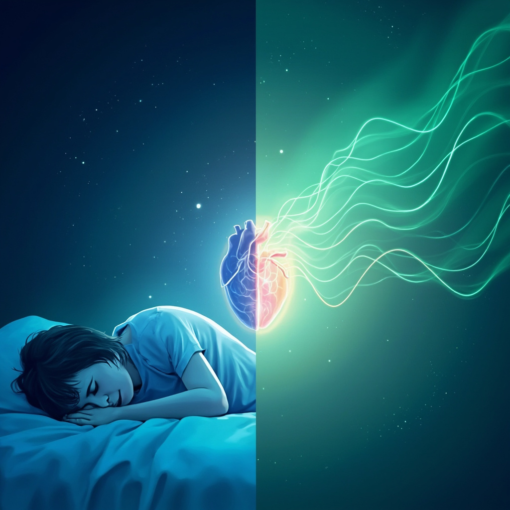 Illustration of a tired person waking up exhausted contrasted with a balanced heart emitting harmonious VLF and HF waves, leading to energetic morning rise, in soft blue and green tones.