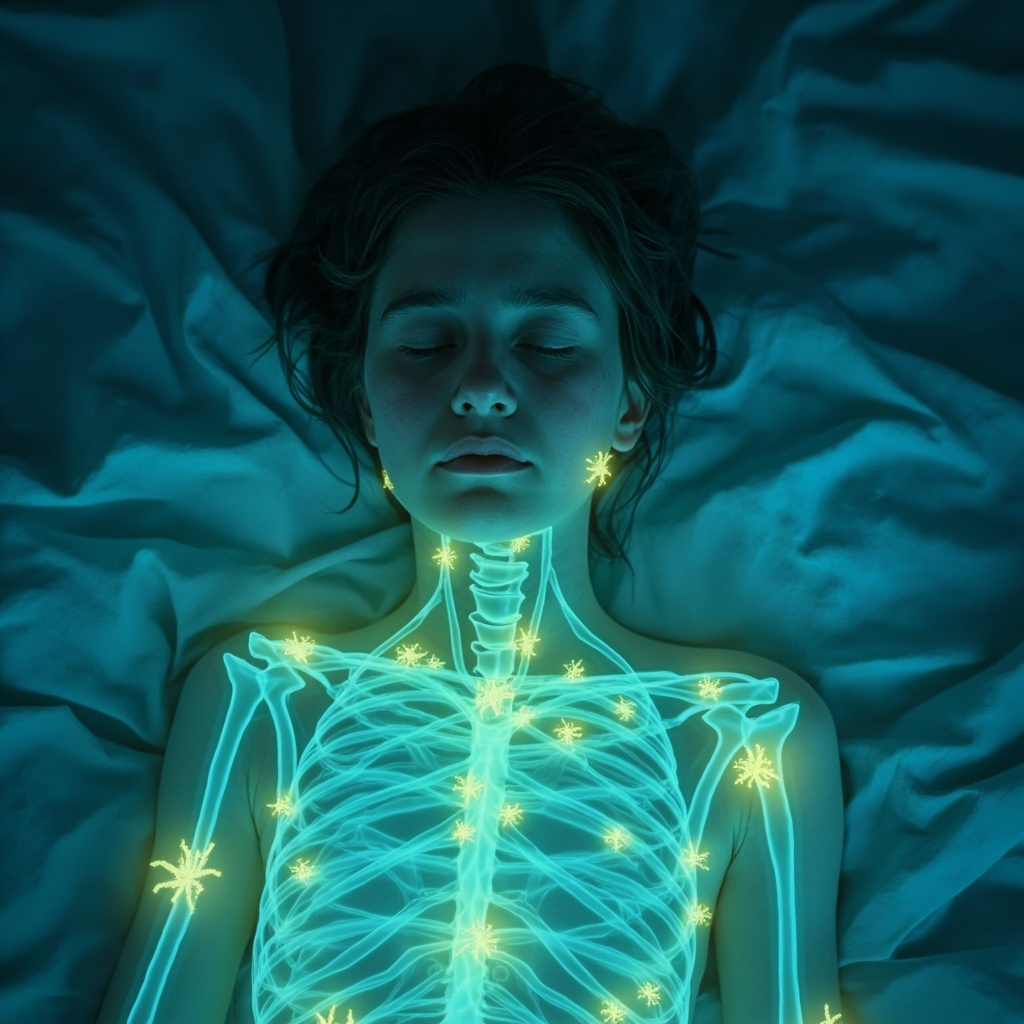 Prompt: Serene night scene of a tired person waking exhausted at dawn, with glowing pituitary and adrenal glands pulsing red (high ACTH/cortisol), disrupting a calm sleep wave; contrasted by balanced green harmony restoring deep sleep; realistic medical illustration style, soft blues and energizing morning light.