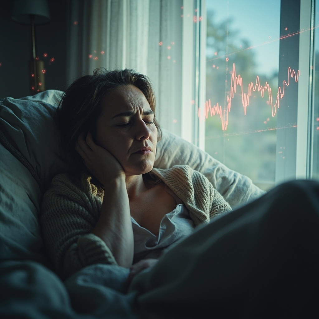 Illustration of a tired woman waking up exhausted in a cozy bedroom, with subtle glowing mycotoxin molecules shaped like estrogen hormones disrupting a balanced sleep cycle graph, soft dawn light, calming blues and warning reds.
