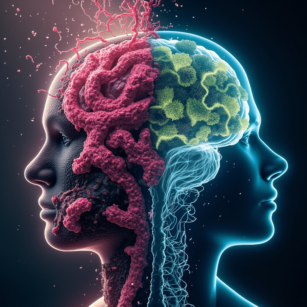 Split-image illustration: left chaotic gut with pink slime mold releasing toxins disrupting brain waves and causing restless sleep; right balanced gut flora leading to serene deep sleep waves and restored energy