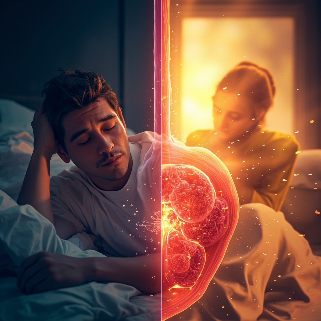 Illustration of a person waking up exhausted in a dim bedroom, next to vibrant red blood cells flowing through glowing veins carrying oxygen molecules, contrasted with a refreshed person energized by morning light, in a clean medical-educational style