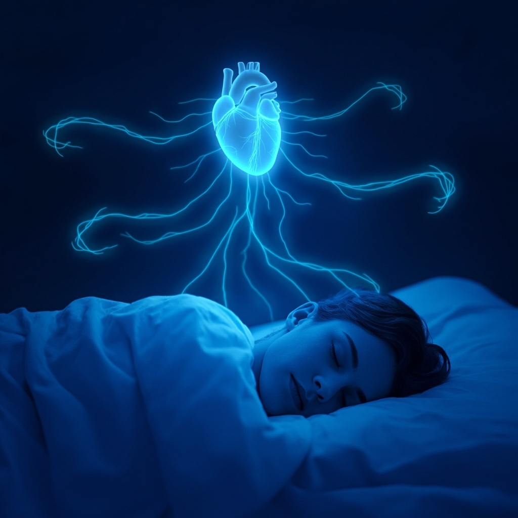 A serene illustration of a human heart glowing with soft blue electrical waves flowing towards a peacefully sleeping person in bed, evoking harmony, recovery, and emotional balance, in calming gradients of blue and purple.