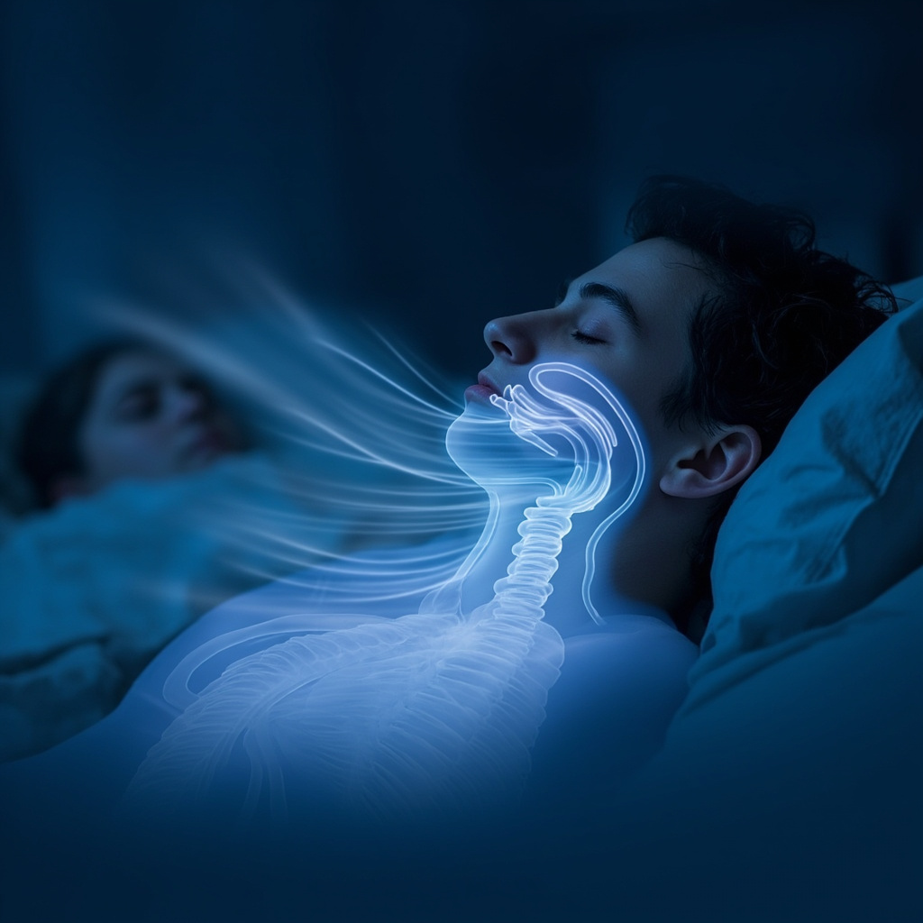 Illustration of a human trachea (windpipe) during sleep, showing balanced airflow with soft glowing energy waves for healing frequencies, calm blue tones, person resting peacefully in bed