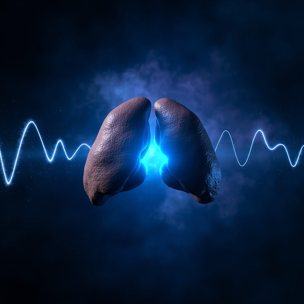 Illustration of human adrenal glands with the medulla highlighted in glowing blue, stress hormone waves disrupting a serene sleep waveform in the background, soft night tones.