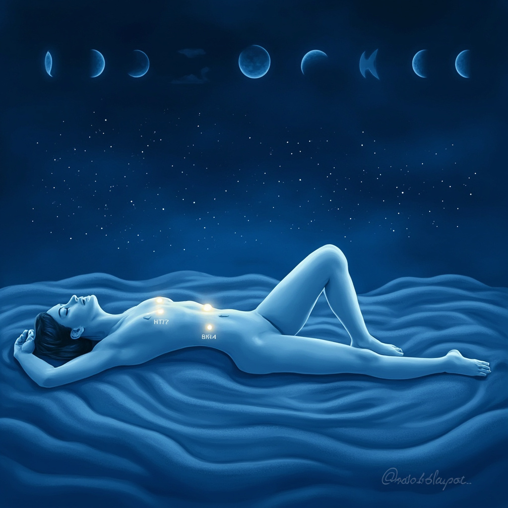 Serene illustration of a relaxed human figure in soft blue tones, highlighting acupuncture points HT7 on the inner wrist, SP6 above the inner ankle, and KI6 below the inner ankle with glowing dots, surrounded by subtle moon phases, stars, and calming waves symbolizing deep sleep.