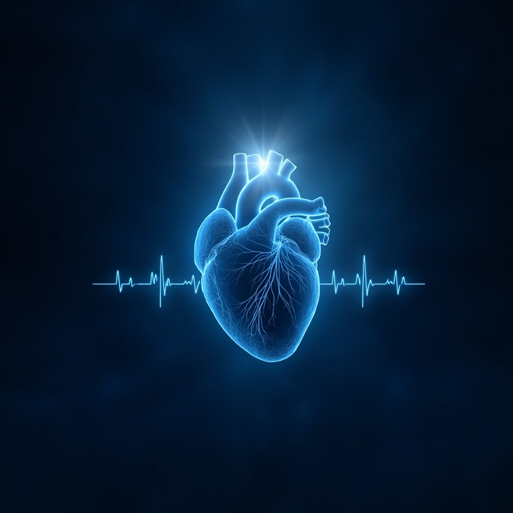 Serene illustration of human heart highlighting sinoatrial node with glowing electrical waves syncing to a calm sleep cycle, soft blue tones, vital energy flowing smoothly.