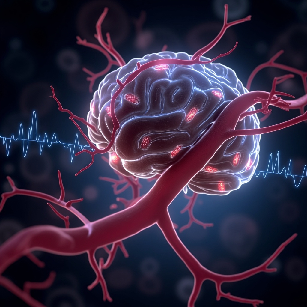 Illustration of glowing rickettsia bacteria infiltrating blood vessels near a brain and heart, with a disrupted sleep wave pattern in the background, in soft blue and red tones symbolizing infection and unrest.
