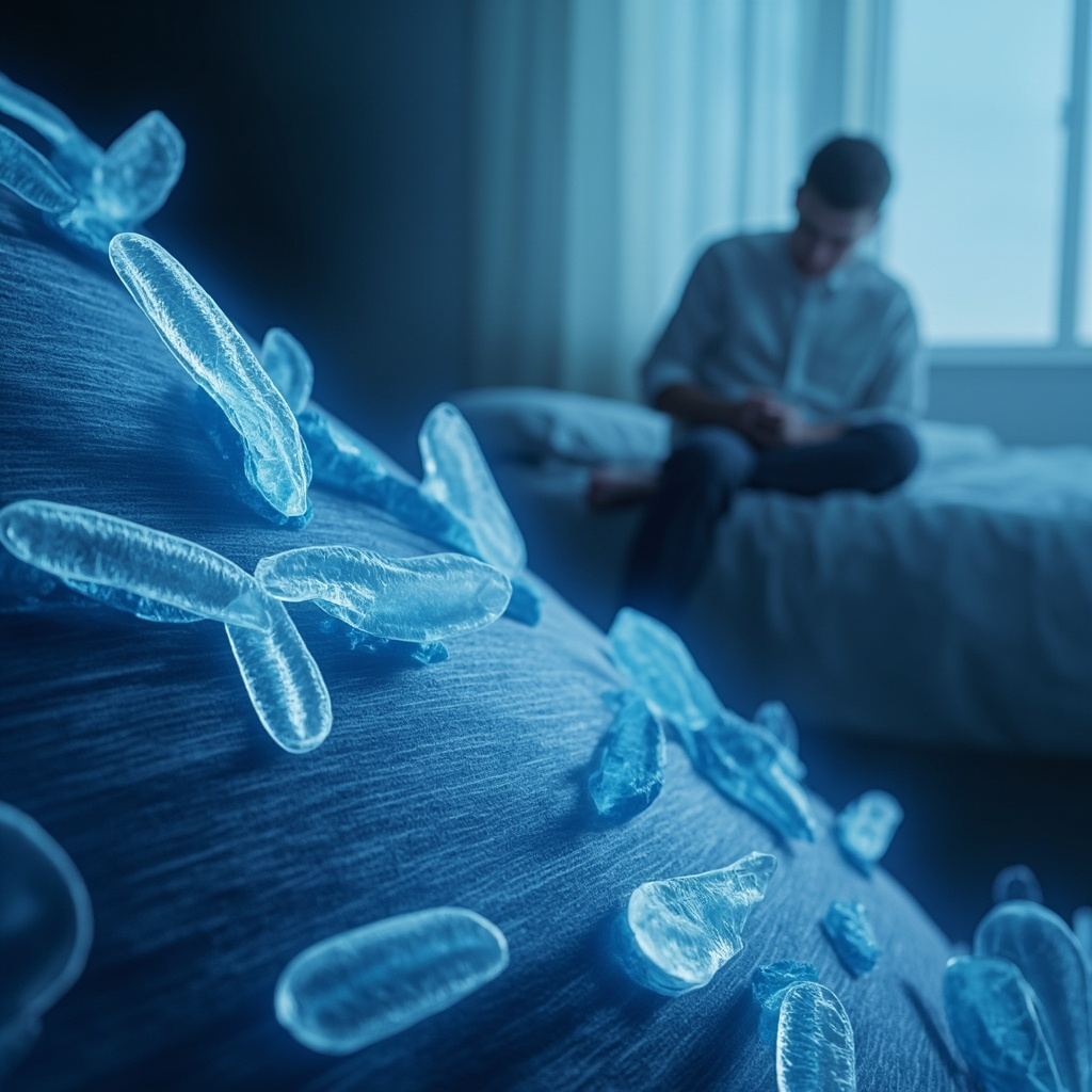 Illustration of microscopic Sarcocystis parasites forming cysts in human muscle fibers, causing inflammation and pain, with a tired person waking up exhausted in the background, soft blue tones for healing theme