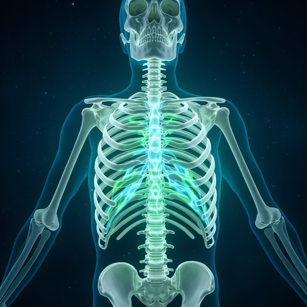 Digital illustration of ribcage with glowing intercostal muscles expanding during deep breath, serene night sky background, blue and green healing tones, subtle energy waves.