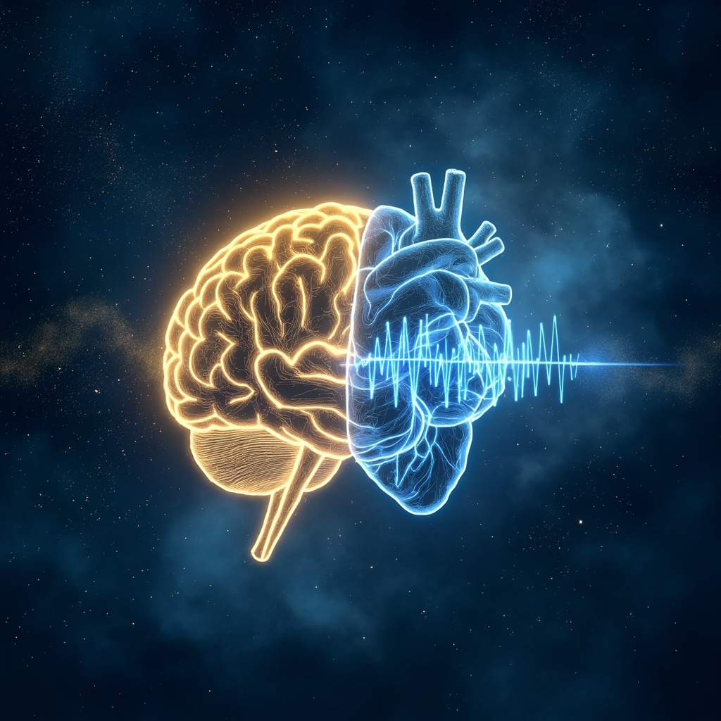Serene illustration of a glowing human brain and heart intertwined with neural pathways like golden threads, emanating soft blue sleep waves and HRV heartbeat lines, in a peaceful starry night sky.