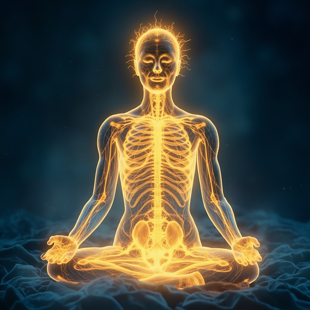 Serene human figure with glowing golden energy flowing through nerves and body during deep sleep, aura of vitality, soft blues and golds, meditative pose, high detail illustration
