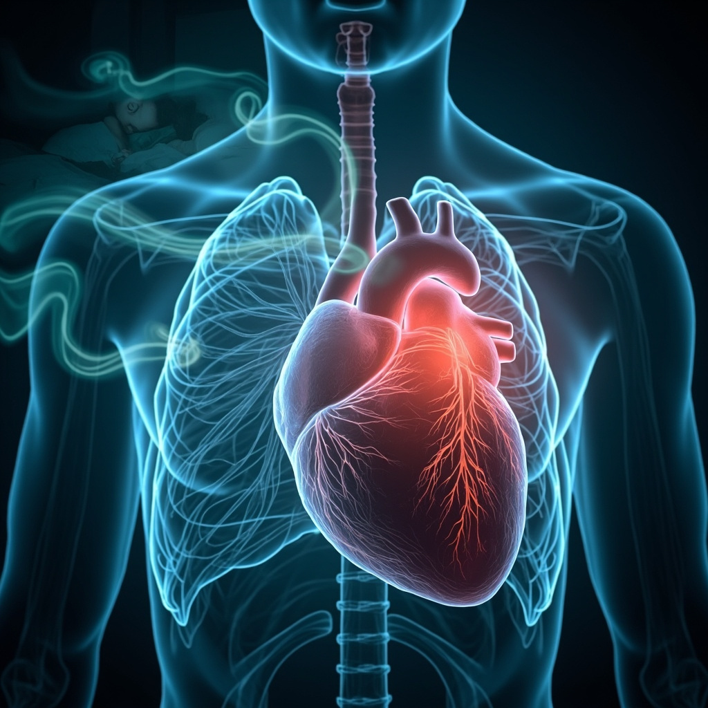 Illustration of heart and lungs with pulmonary valve highlighted in red, showing disrupted blood flow causing fatigue in a tired person waking up, ethereal energy waves balancing it, calming blue-green tones, professional medical art style.