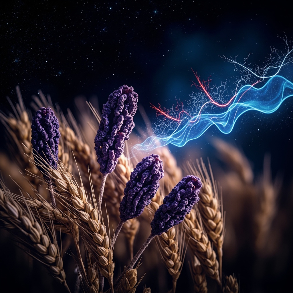 Illustration of purple ergot sclerotia on golden rye grains under a starry night sky, with glowing nervous system network disrupted by red spikes turning to calm blue waves, symbolizing sleep restoration, serene and professional style.