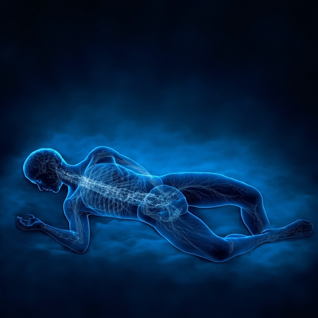Serene illustration of the human peripheral nervous system glowing softly in blue during sleep, with subtle wave patterns representing calm energy flow and restored balance.