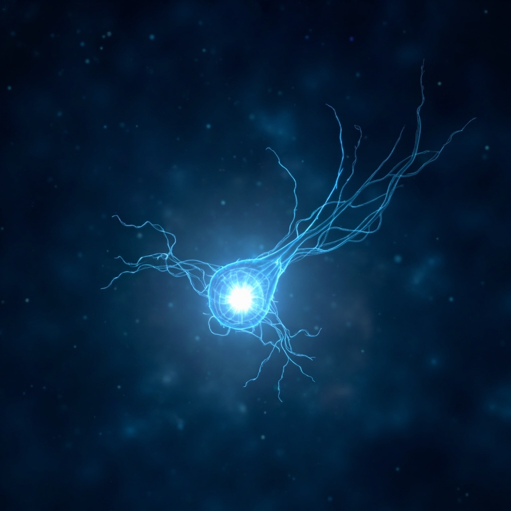 Serene illustration of a human brain neuron with glowing cell nucleus pulsing blue waves representing circadian rhythm and sleep restoration, soft night sky background, high detail scientific art style.