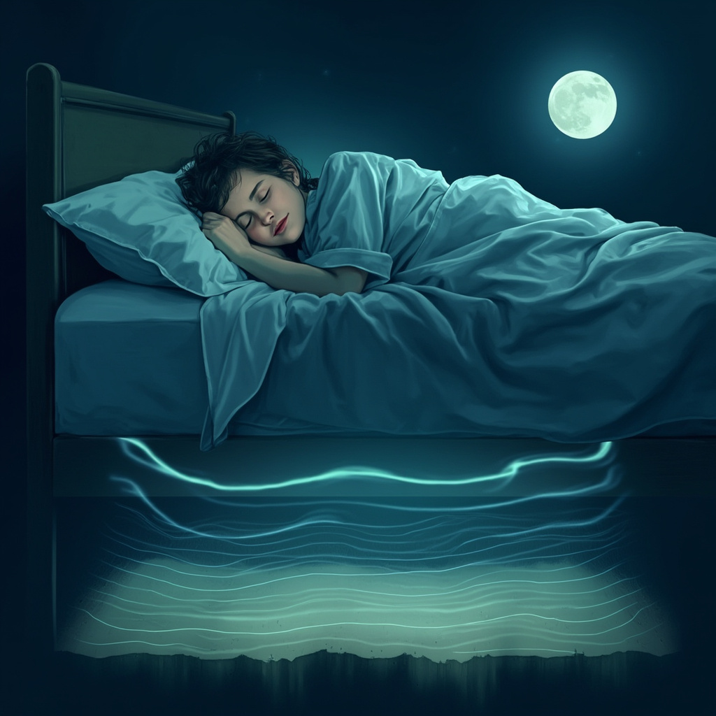 Illustration of a person sleeping peacefully in a bedroom, with faint underground wavy lines representing geopathic stress zones crossing under the bed, contrasted by smooth calming waves emanating from the body after mitigation, in soft blue and green tones for a serene night atmosphere.