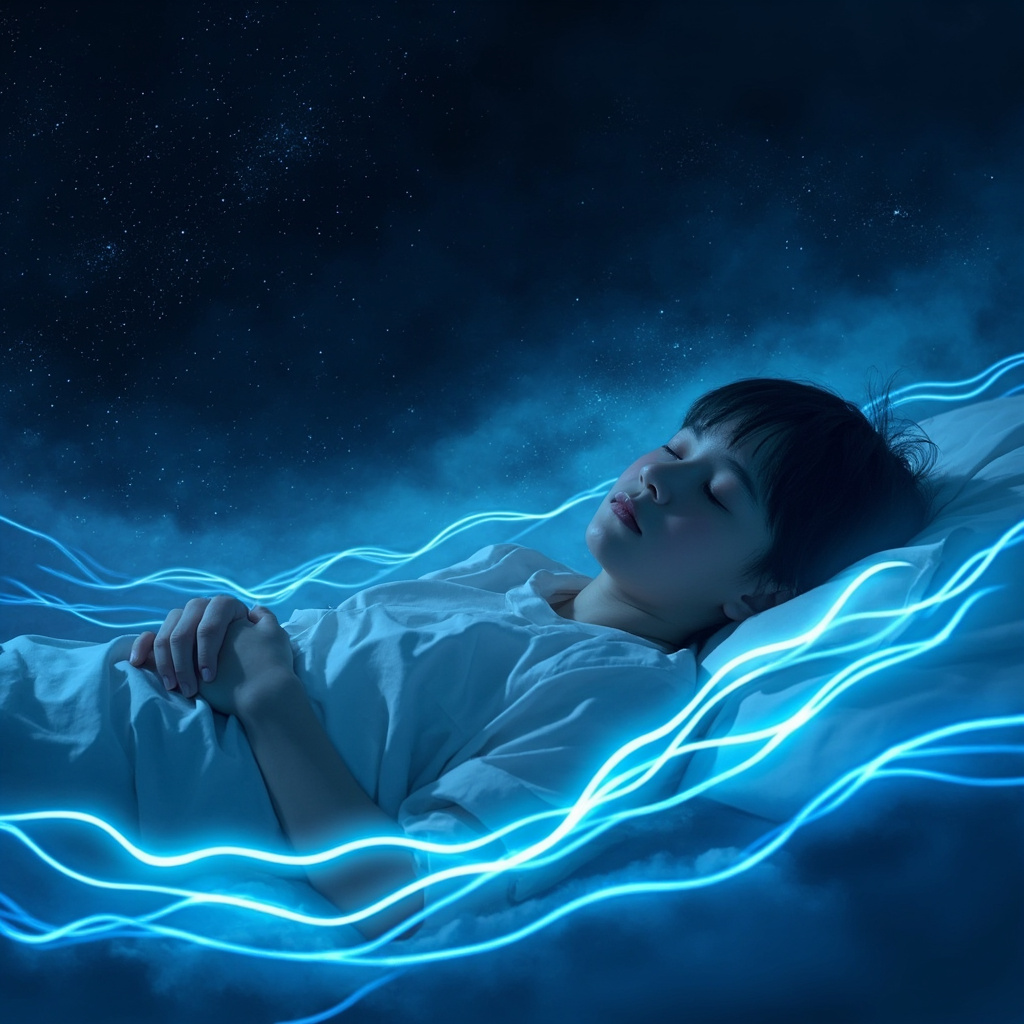 Illustration of a calm person in deep sleep, with soft glowing blue waves representing balanced heart rate variability (HRV) frequencies, evoking relaxation and restoration under a starry night sky.